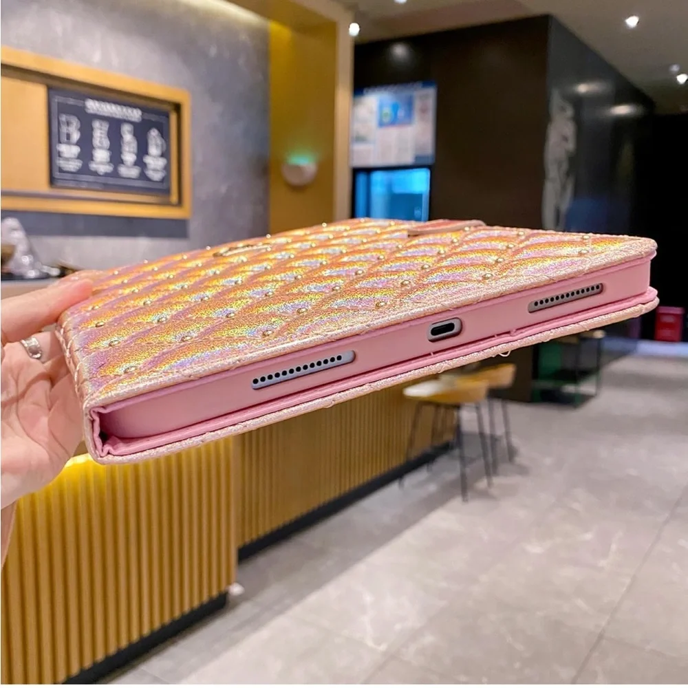 Holographic Quilted Tablet Case with Crown Accent - Pink